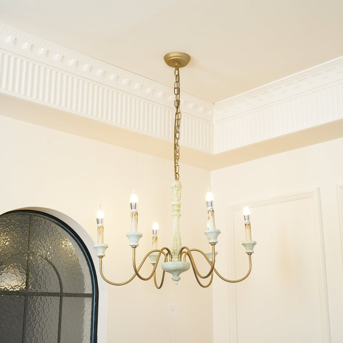 Farmhouse Chandelier Hand-Carved Wood and Iron 6-Light Fixture | Rustic Country Style | Multi-Chain Suspension System