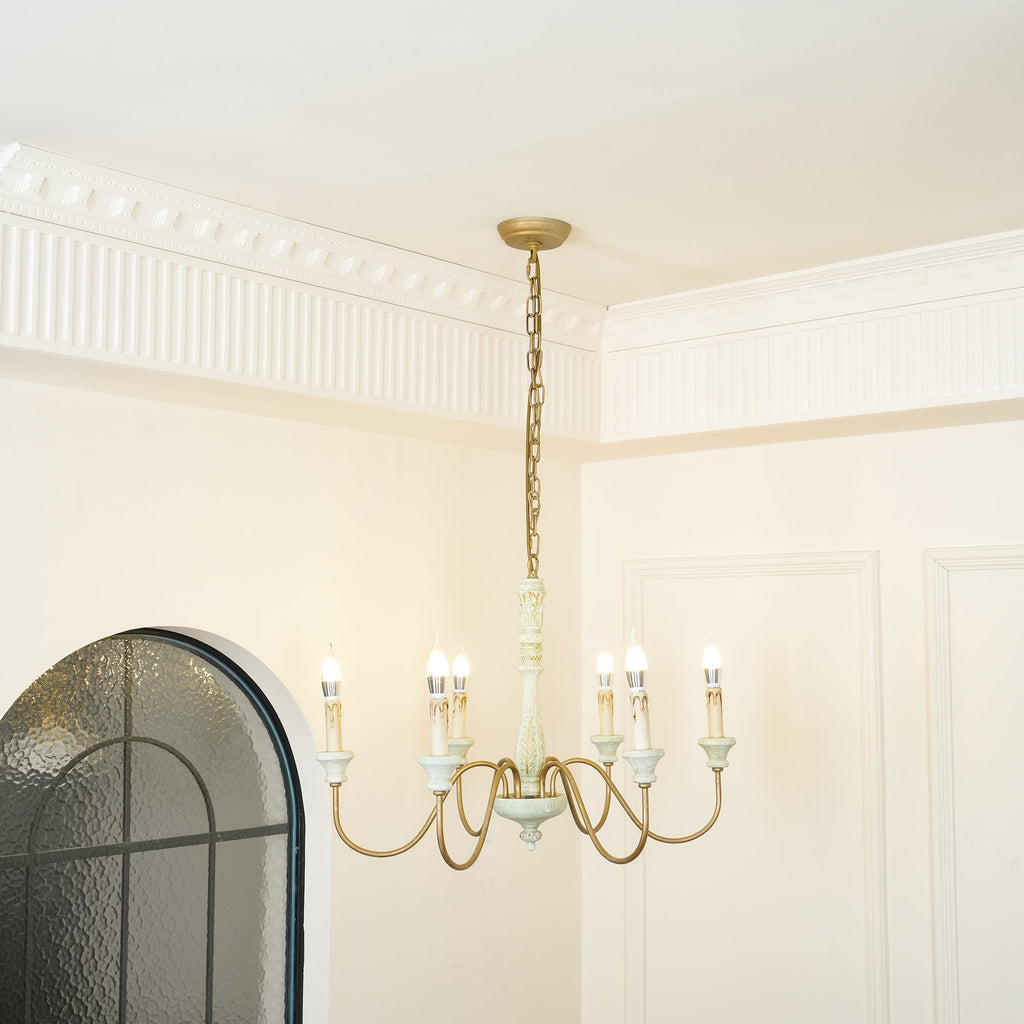Farmhouse Chandelier Hand-Carved Wood and Iron 6-Light Fixture | Rustic Country Style | Multi-Chain Suspension System