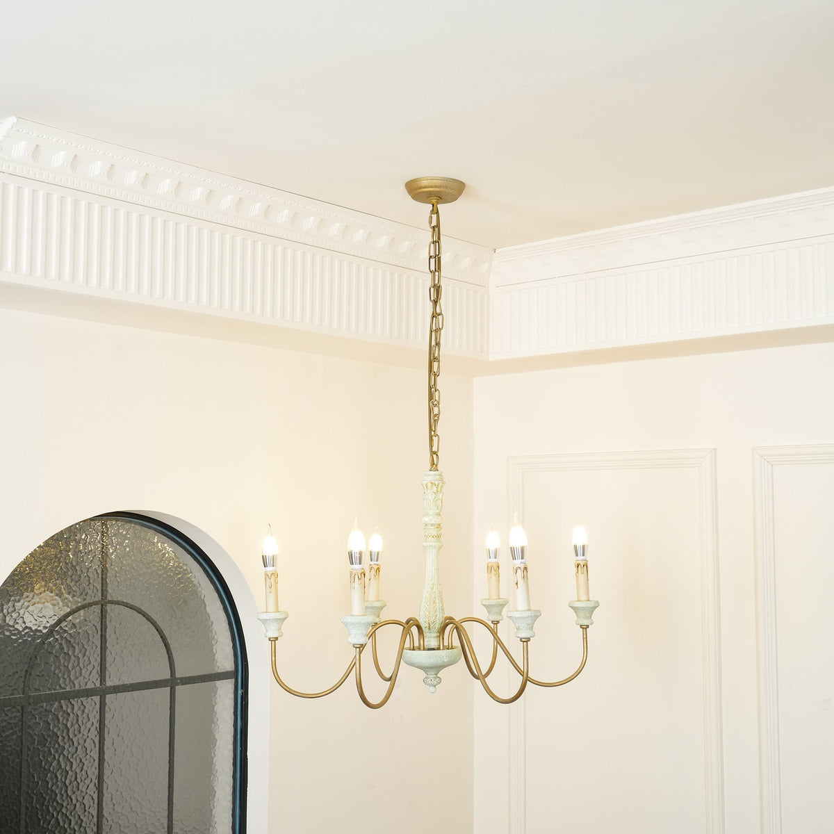 Farmhouse Chandelier Hand-Carved Wood and Iron 6-Light Fixture | Rustic Country Style | Multi-Chain Suspension System