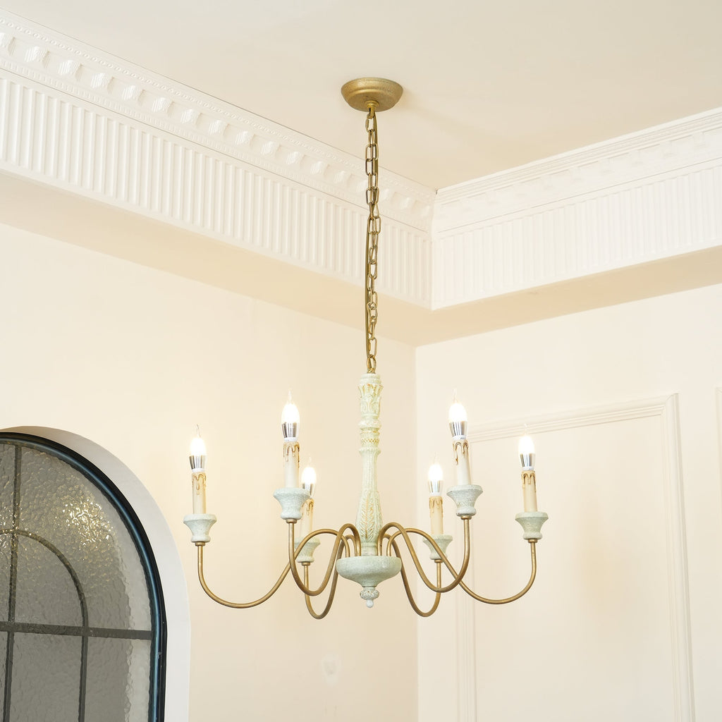 Farmhouse Chandelier Hand-Carved Wood and Iron 6-Light Fixture | Rustic Country Style | Multi-Chain Suspension System