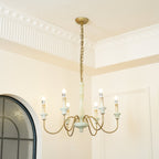 Farmhouse Chandelier Hand-Carved Wood and Iron 6-Light Fixture | Rustic Country Style | Multi-Chain Suspension System
