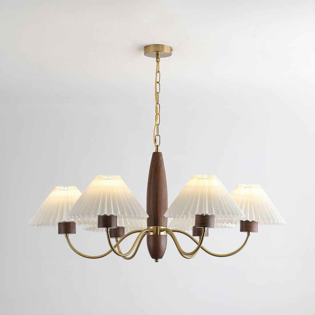 Chandelier Iron Polycarbonate and Ash Wood | Adjustable Suspension Chain | Pleated Shade for Diffused Interior Illumination
