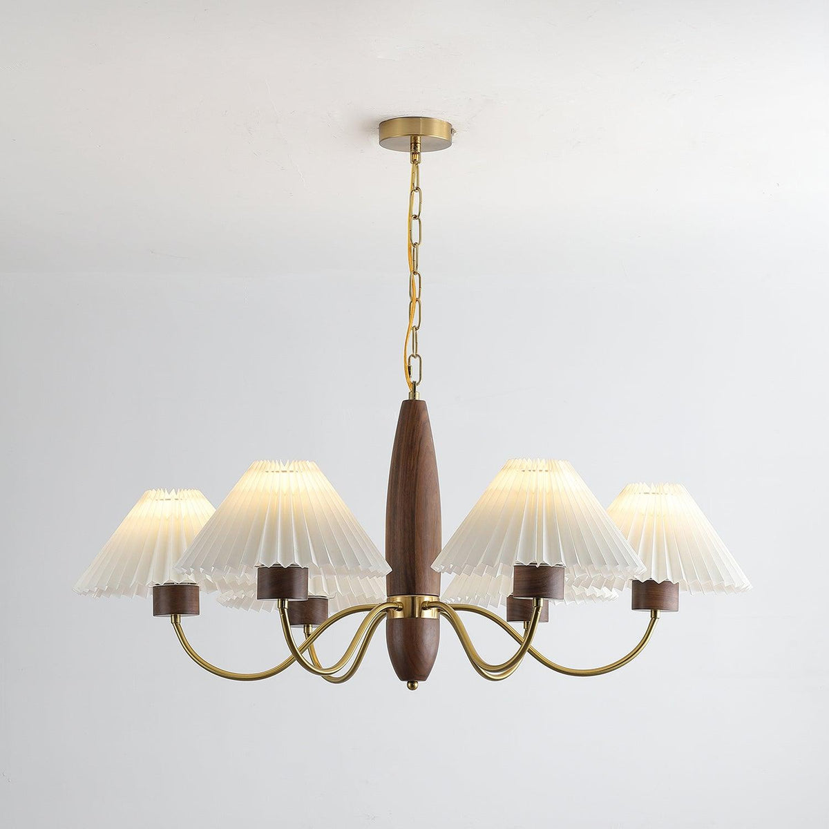 Chandelier Iron Polycarbonate and Ash Wood | Adjustable Suspension Chain | Pleated Shade for Diffused Interior Illumination