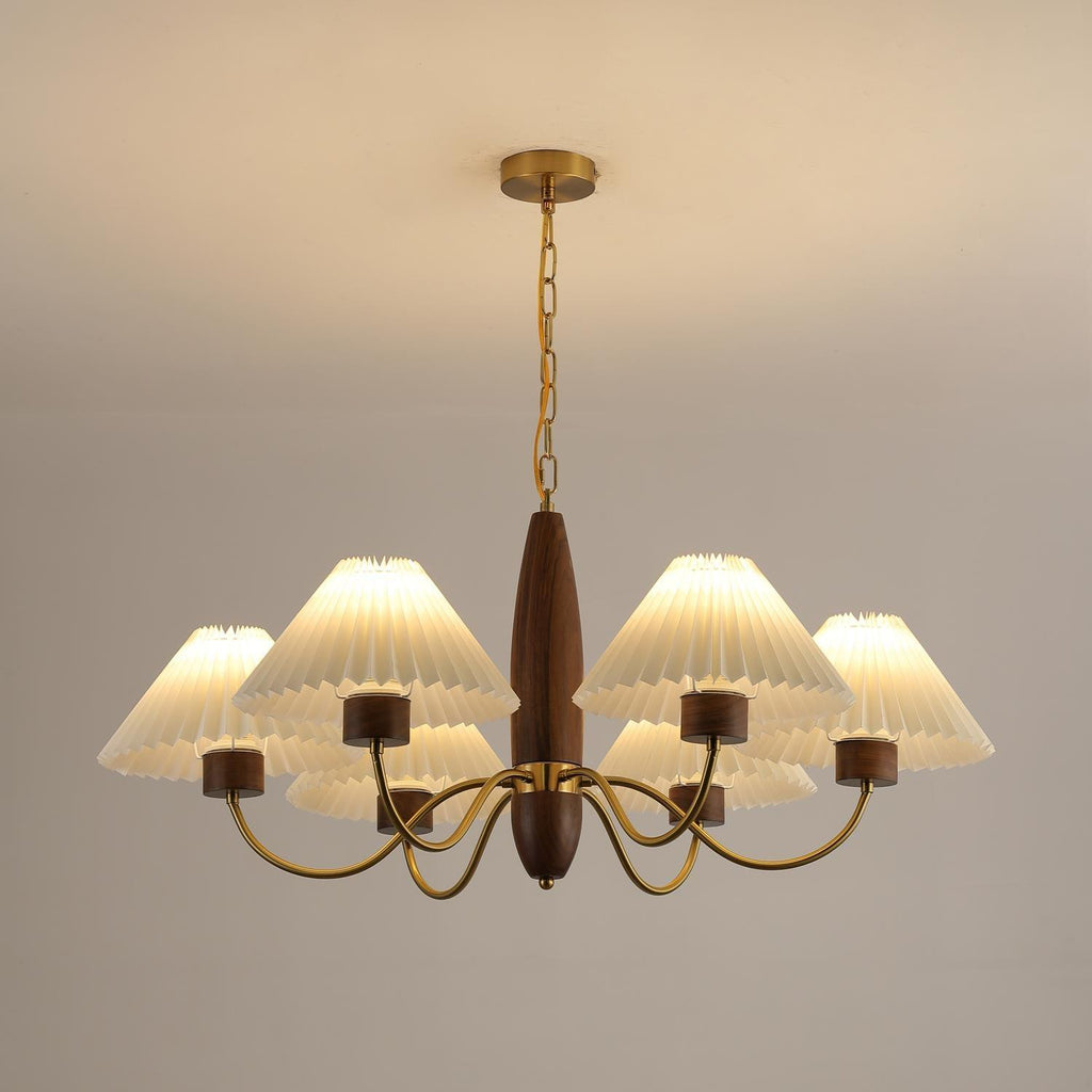 Chandelier Iron Polycarbonate and Ash Wood | Adjustable Suspension Chain | Pleated Shade for Diffused Interior Illumination