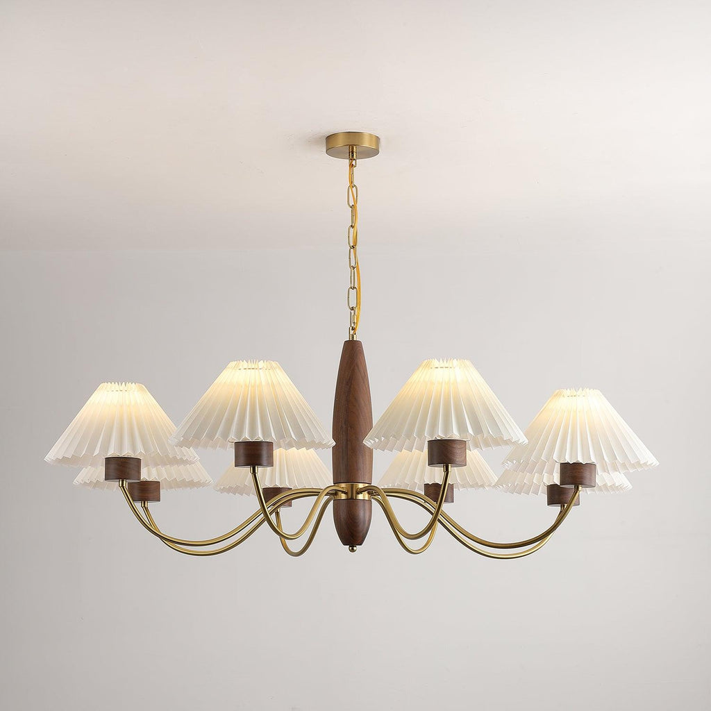 Chandelier Iron Polycarbonate and Ash Wood | Adjustable Suspension Chain | Pleated Shade for Diffused Interior Illumination
