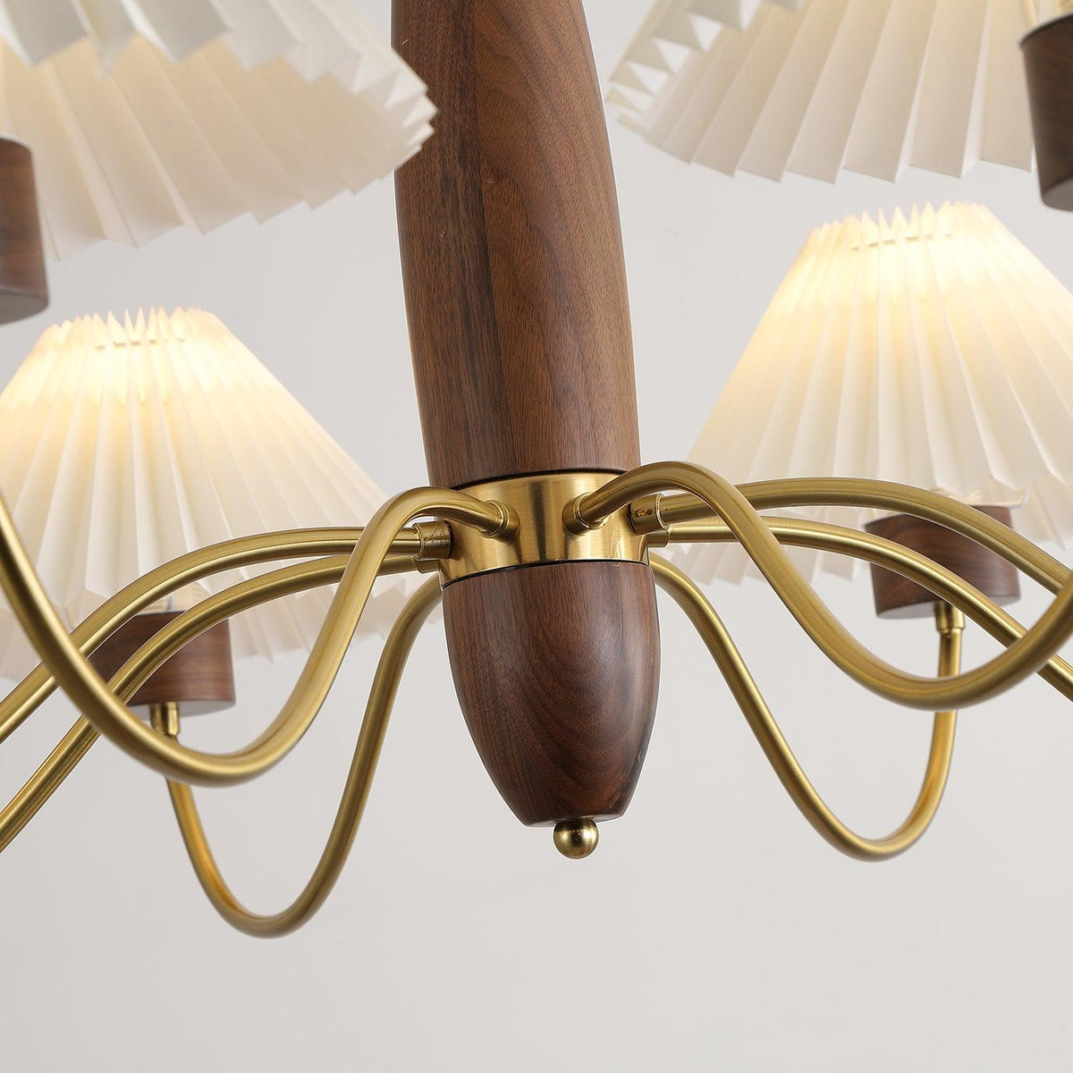 Chandelier Iron Polycarbonate and Ash Wood | Adjustable Suspension Chain | Pleated Shade for Diffused Interior Illumination