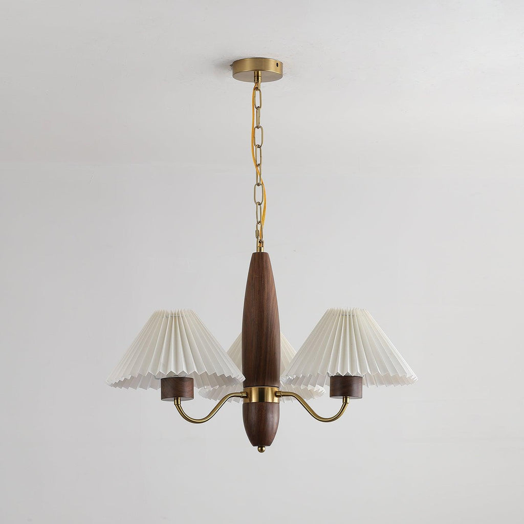 Chandelier Iron Polycarbonate and Ash Wood | Adjustable Suspension Chain | Pleated Shade for Diffused Interior Illumination