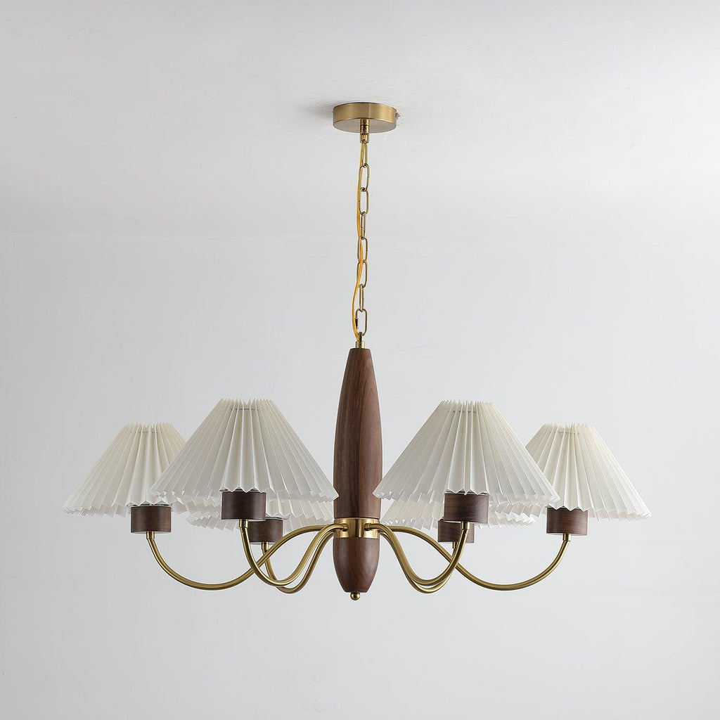 Chandelier Iron Polycarbonate and Ash Wood | Adjustable Suspension Chain | Pleated Shade for Diffused Interior Illumination