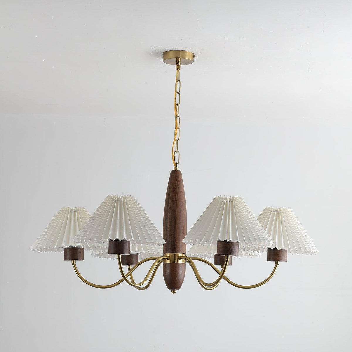 Chandelier Iron Polycarbonate and Ash Wood | Adjustable Suspension Chain | Pleated Shade for Diffused Interior Illumination