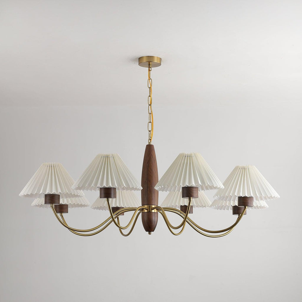 Chandelier Iron Polycarbonate and Ash Wood | Adjustable Suspension Chain | Pleated Shade for Diffused Interior Illumination
