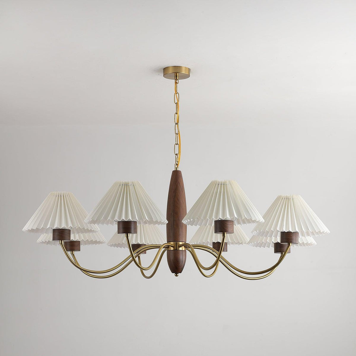 Chandelier Iron Polycarbonate and Ash Wood | Adjustable Suspension Chain | Pleated Shade for Diffused Interior Illumination