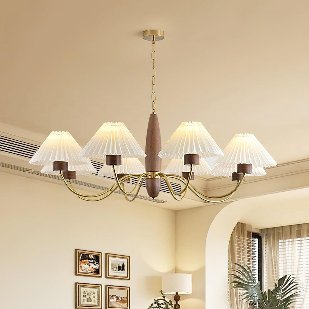 Chandelier Iron Polycarbonate and Ash Wood | Adjustable Suspension Chain | Pleated Shade for Diffused Interior Illumination