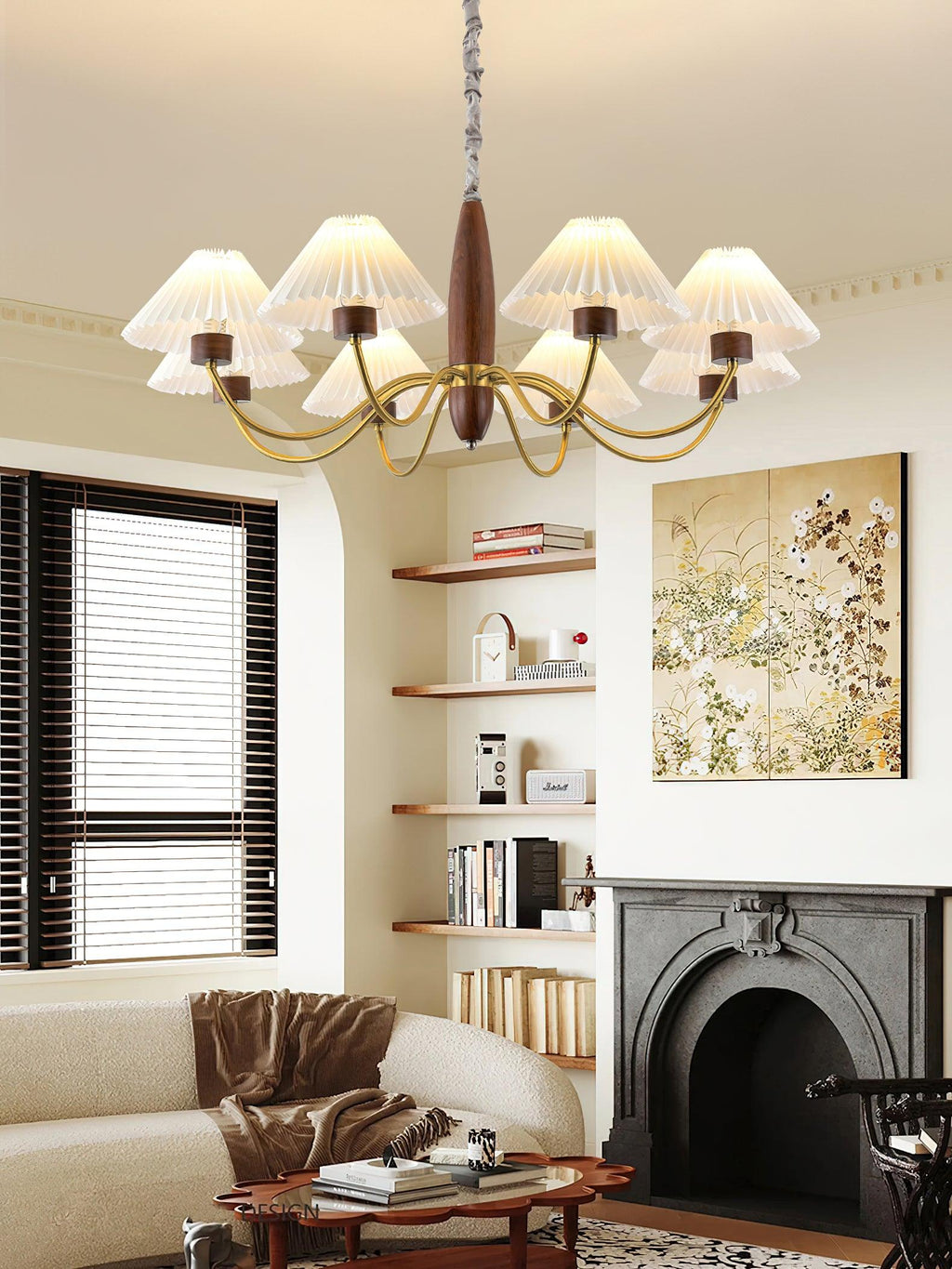 Chandelier Iron Polycarbonate and Ash Wood | Adjustable Suspension Chain | Pleated Shade for Diffused Interior Illumination