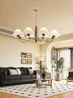 Chandelier Iron Polycarbonate and Ash Wood | Adjustable Suspension Chain | Pleated Shade for Diffused Interior Illumination