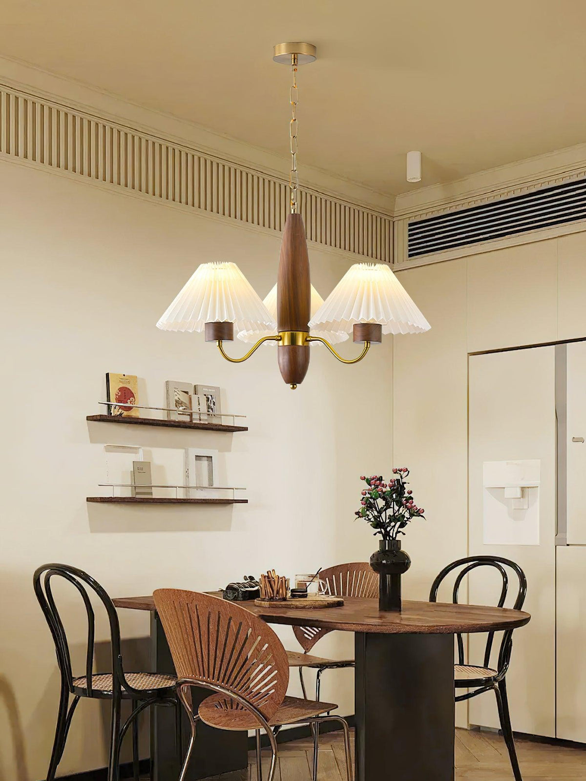 Chandelier Iron Polycarbonate and Ash Wood | Adjustable Suspension Chain | Pleated Shade for Diffused Interior Illumination