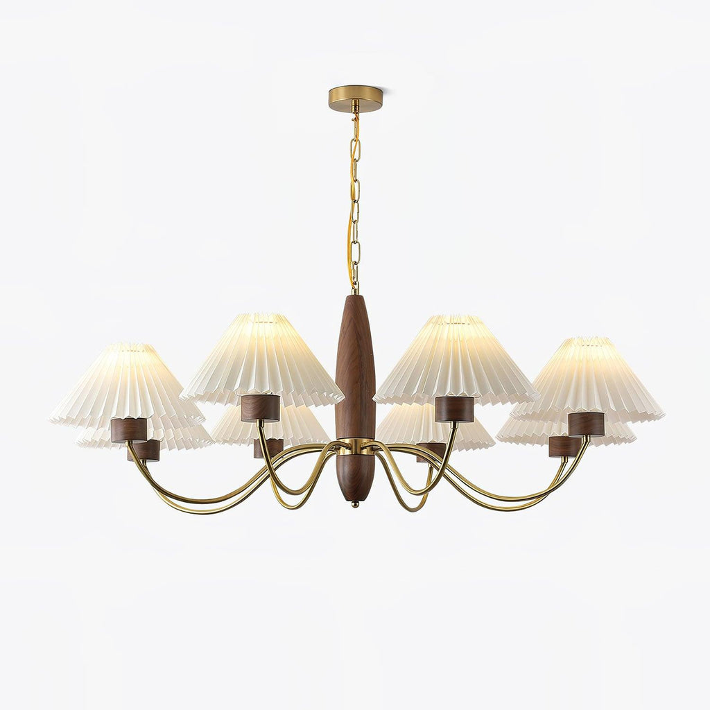 Chandelier Iron Polycarbonate and Ash Wood | Adjustable Suspension Chain | Pleated Shade for Diffused Interior Illumination
