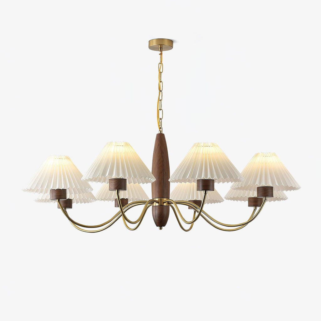 Chandelier Iron Polycarbonate and Ash Wood | Adjustable Suspension Chain | Pleated Shade for Diffused Interior Illumination