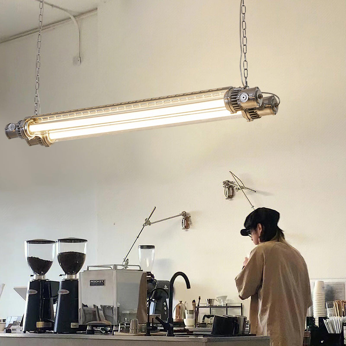 Industrial Linear Suspension Light Metal Glass | Integrated LED Ceiling Fixture | Modern Lighting for Kitchen Islands
