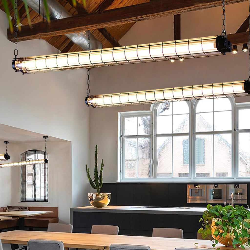 Industrial Linear Suspension Light Metal Glass | Integrated LED Ceiling Fixture | Modern Lighting for Kitchen Islands