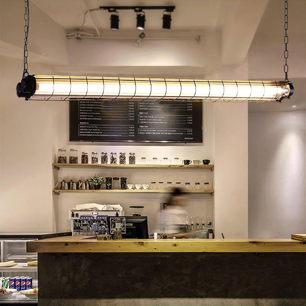 Industrial Linear Suspension Light Metal Glass | Integrated LED Ceiling Fixture | Modern Lighting for Kitchen Islands