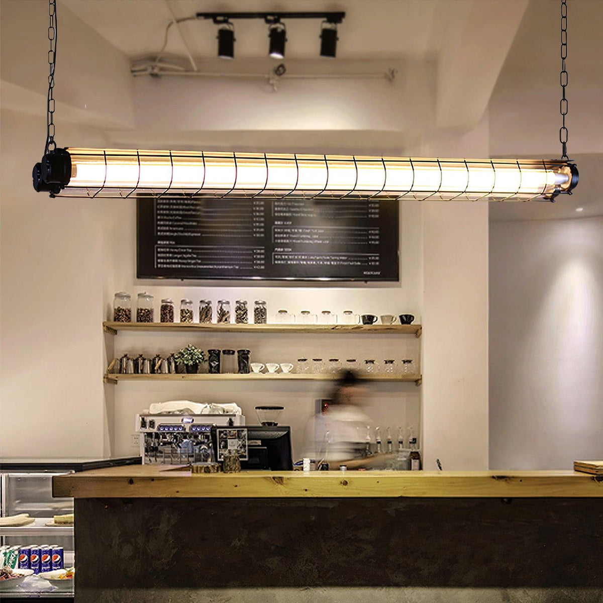 Industrial Linear Suspension Light Metal Glass | Integrated LED Ceiling Fixture | Modern Lighting for Kitchen Islands