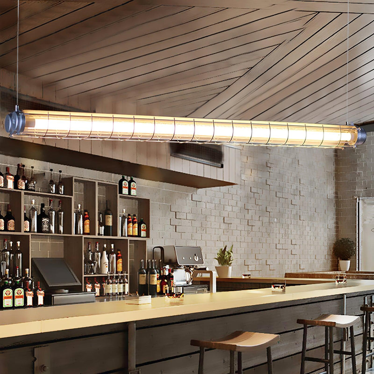 Industrial Linear Suspension Light Metal Glass | Integrated LED Ceiling Fixture | Modern Lighting for Kitchen Islands