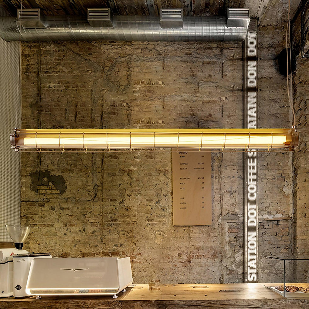 Industrial Linear Suspension Light Metal Glass | Integrated LED Ceiling Fixture | Modern Lighting for Kitchen Islands