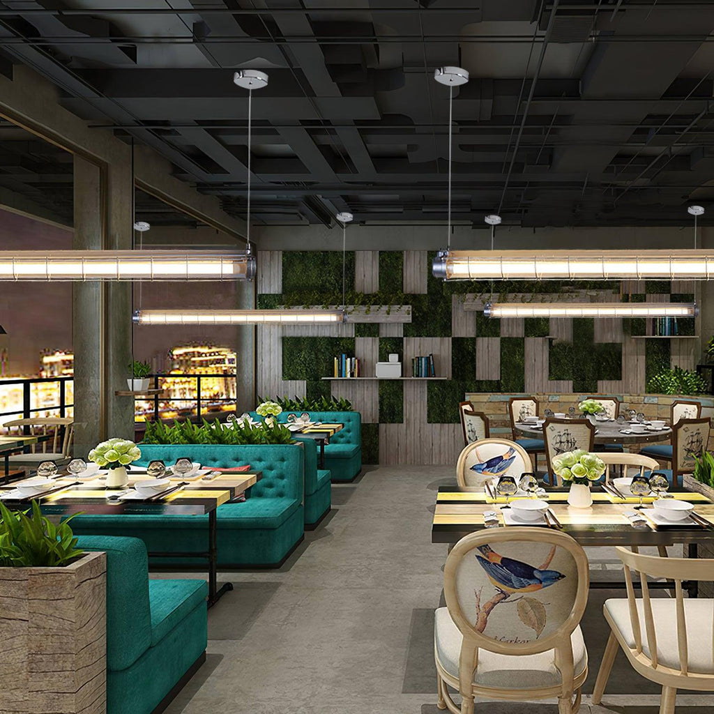 Industrial Linear Suspension Light Metal Glass | Integrated LED Ceiling Fixture | Modern Lighting for Kitchen Islands