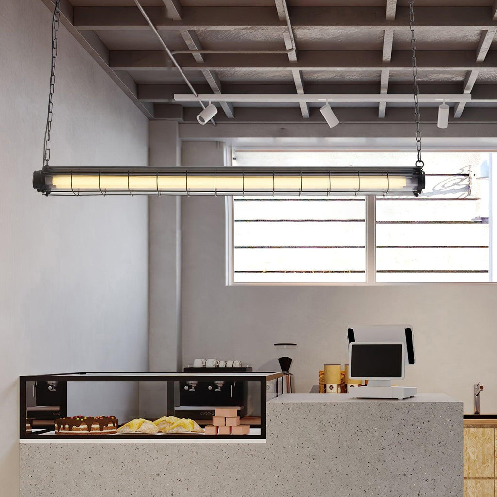 Industrial Linear Suspension Light Metal Glass | Integrated LED Ceiling Fixture | Modern Lighting for Kitchen Islands