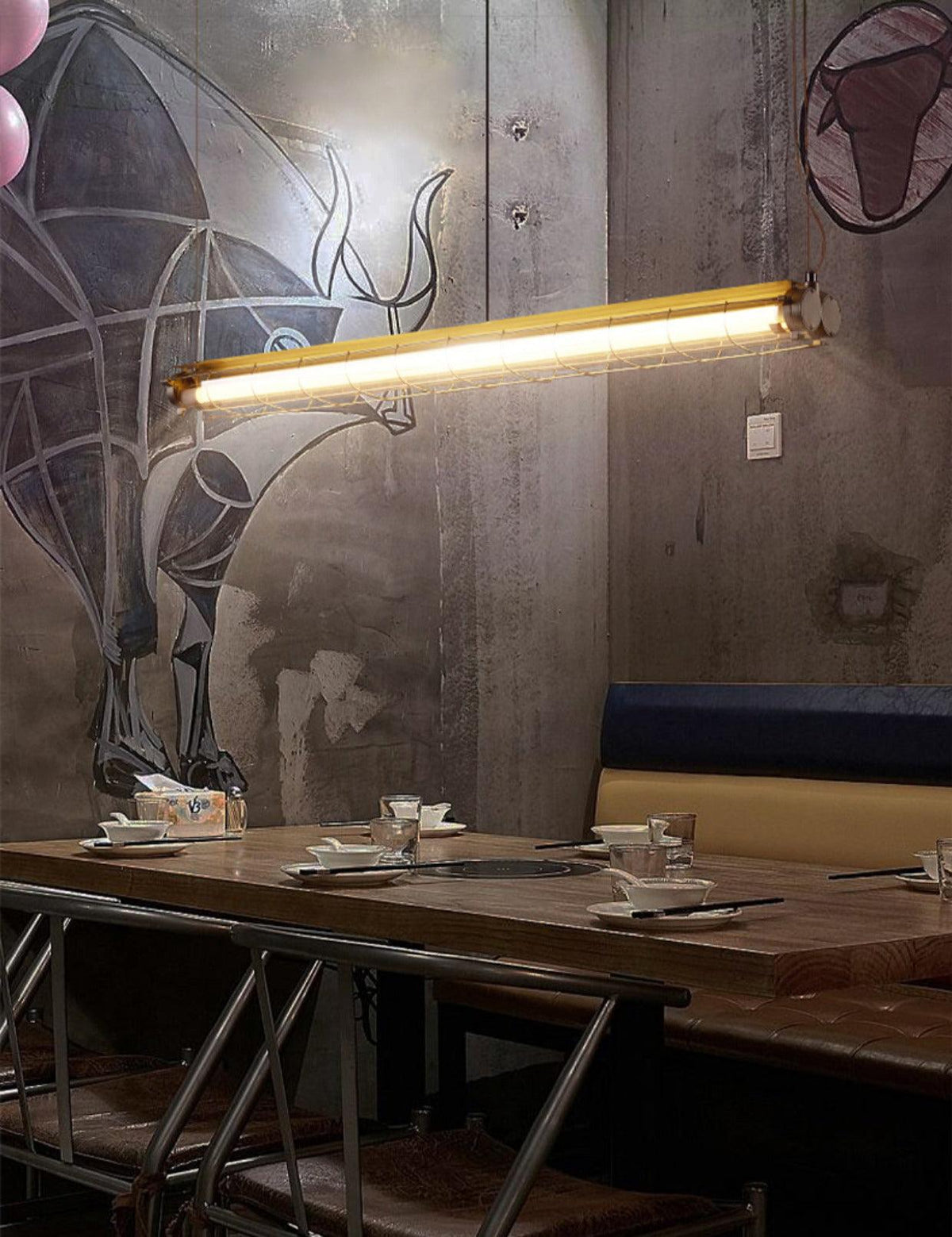 Industrial Linear Suspension Light Metal Glass | Integrated LED Ceiling Fixture | Modern Lighting for Kitchen Islands