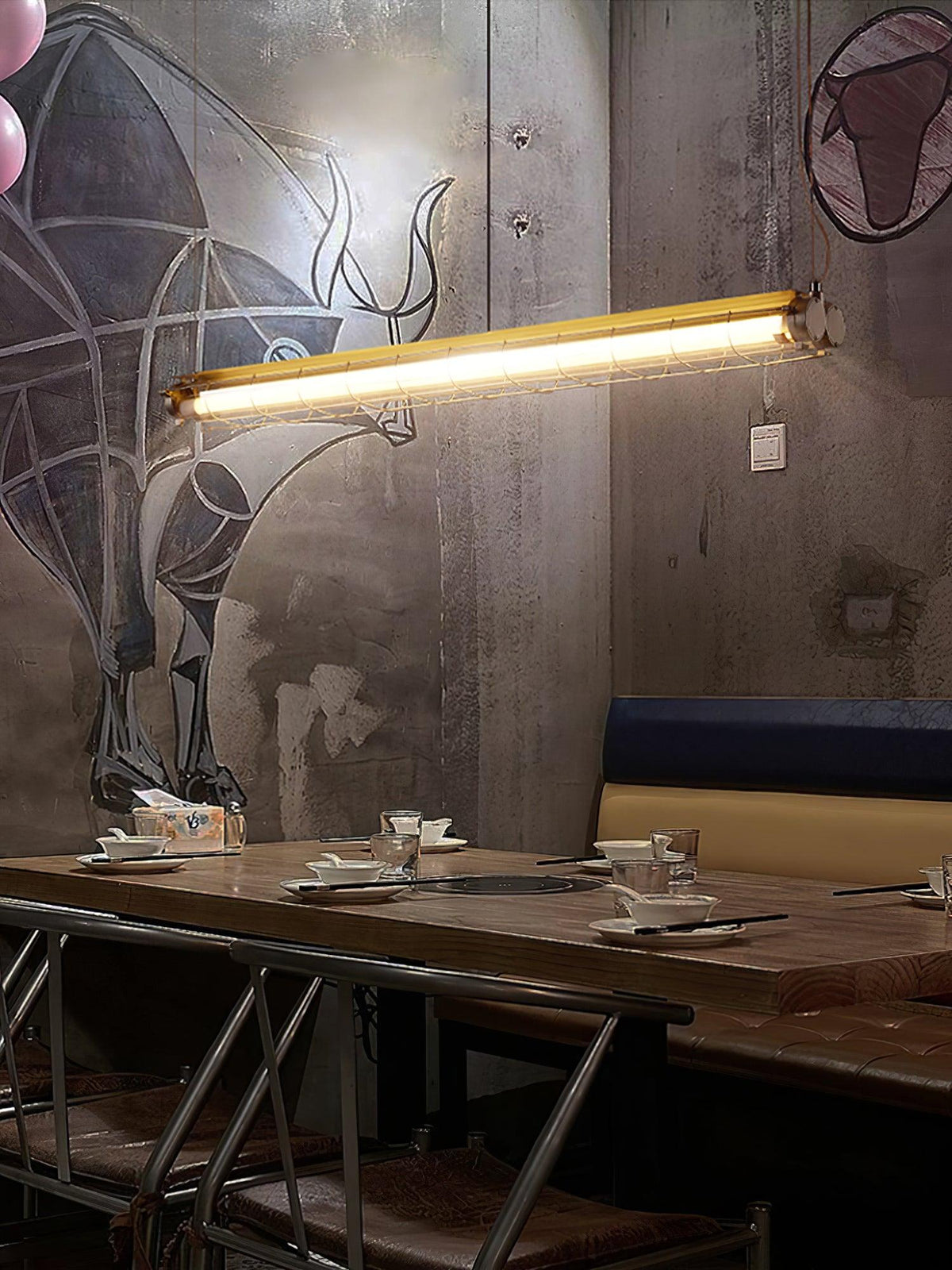 Industrial Linear Suspension Light Metal Glass | Integrated LED Ceiling Fixture | Modern Lighting for Kitchen Islands