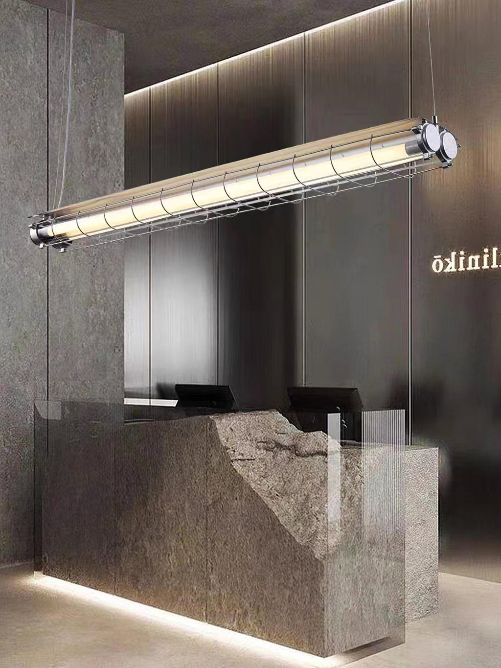 Industrial Linear Suspension Light Metal Glass | Integrated LED Ceiling Fixture | Modern Lighting for Kitchen Islands