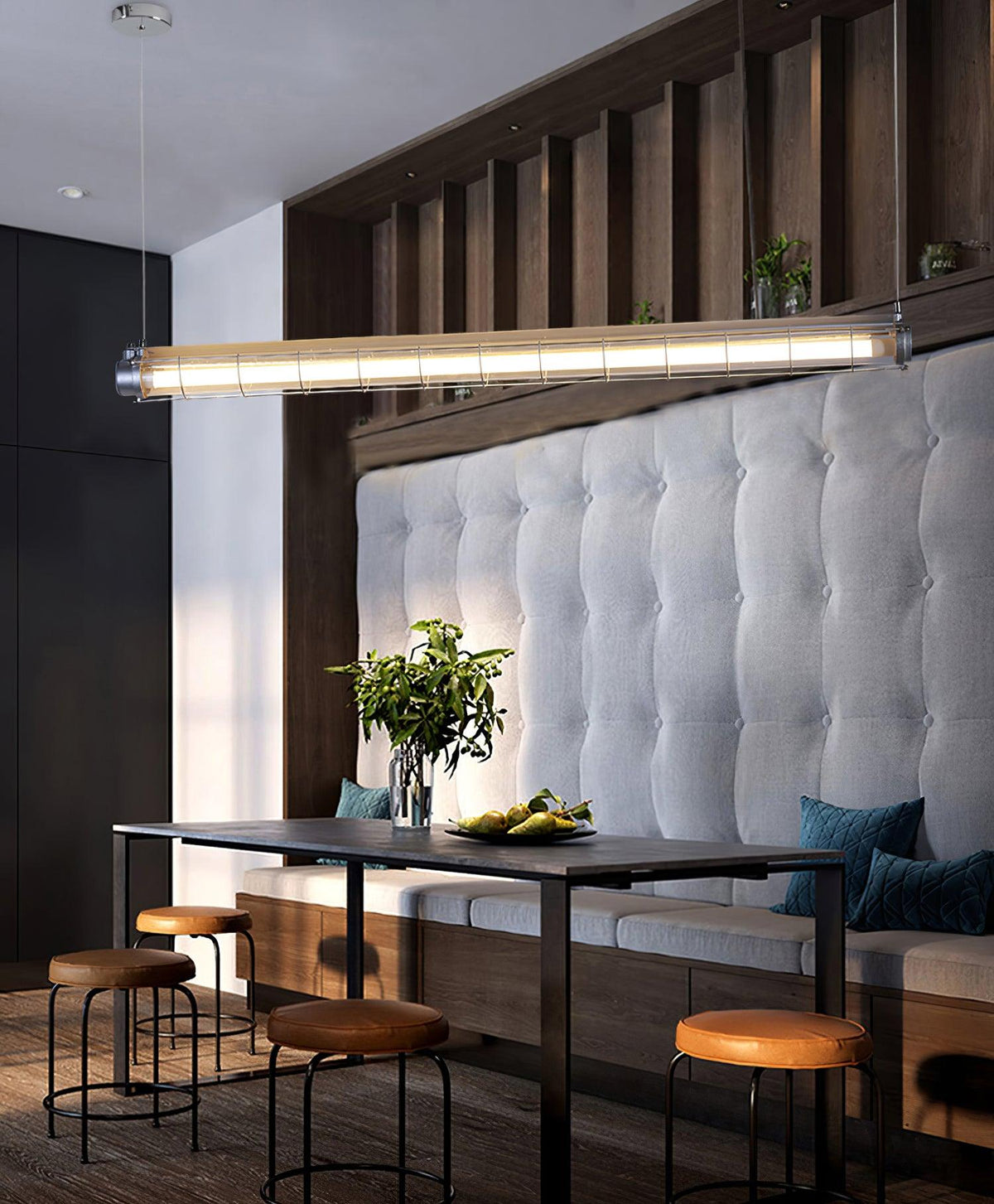 Industrial Linear Suspension Light Metal Glass | Integrated LED Ceiling Fixture | Modern Lighting for Kitchen Islands