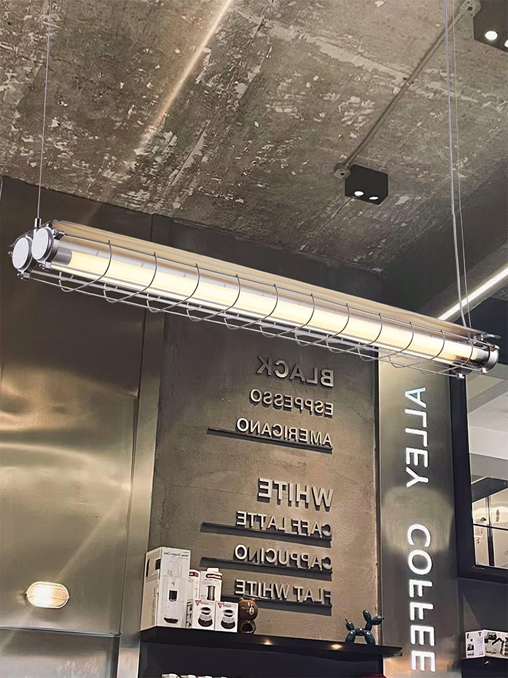 Industrial Linear Suspension Light Metal Glass | Integrated LED Ceiling Fixture | Modern Lighting for Kitchen Islands
