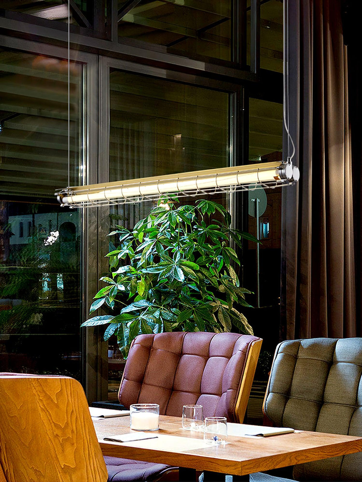 Industrial Linear Suspension Light Metal Glass | Integrated LED Ceiling Fixture | Modern Lighting for Kitchen Islands