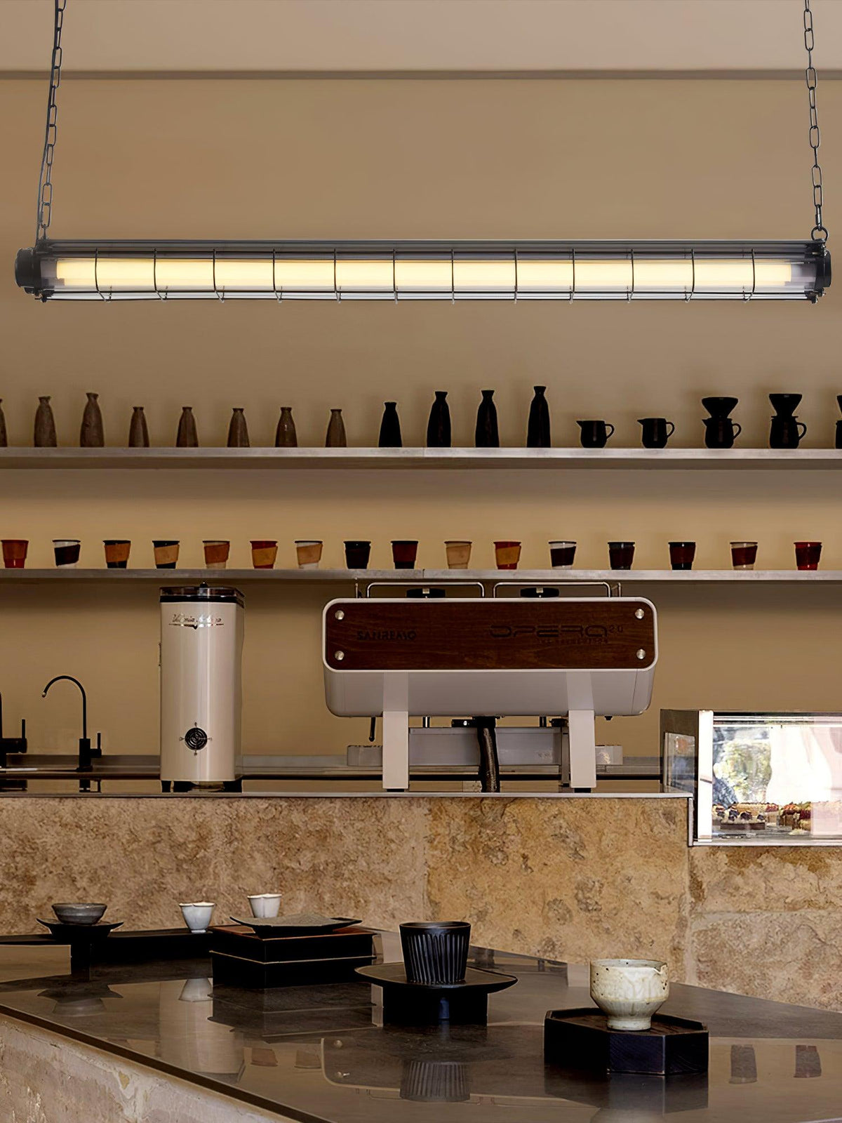 Industrial Linear Suspension Light Metal Glass | Integrated LED Ceiling Fixture | Modern Lighting for Kitchen Islands