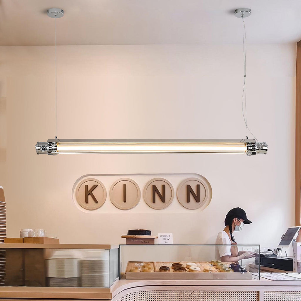 Industrial Linear Suspension Light Metal Glass | Integrated LED Ceiling Fixture | Modern Lighting for Kitchen Islands
