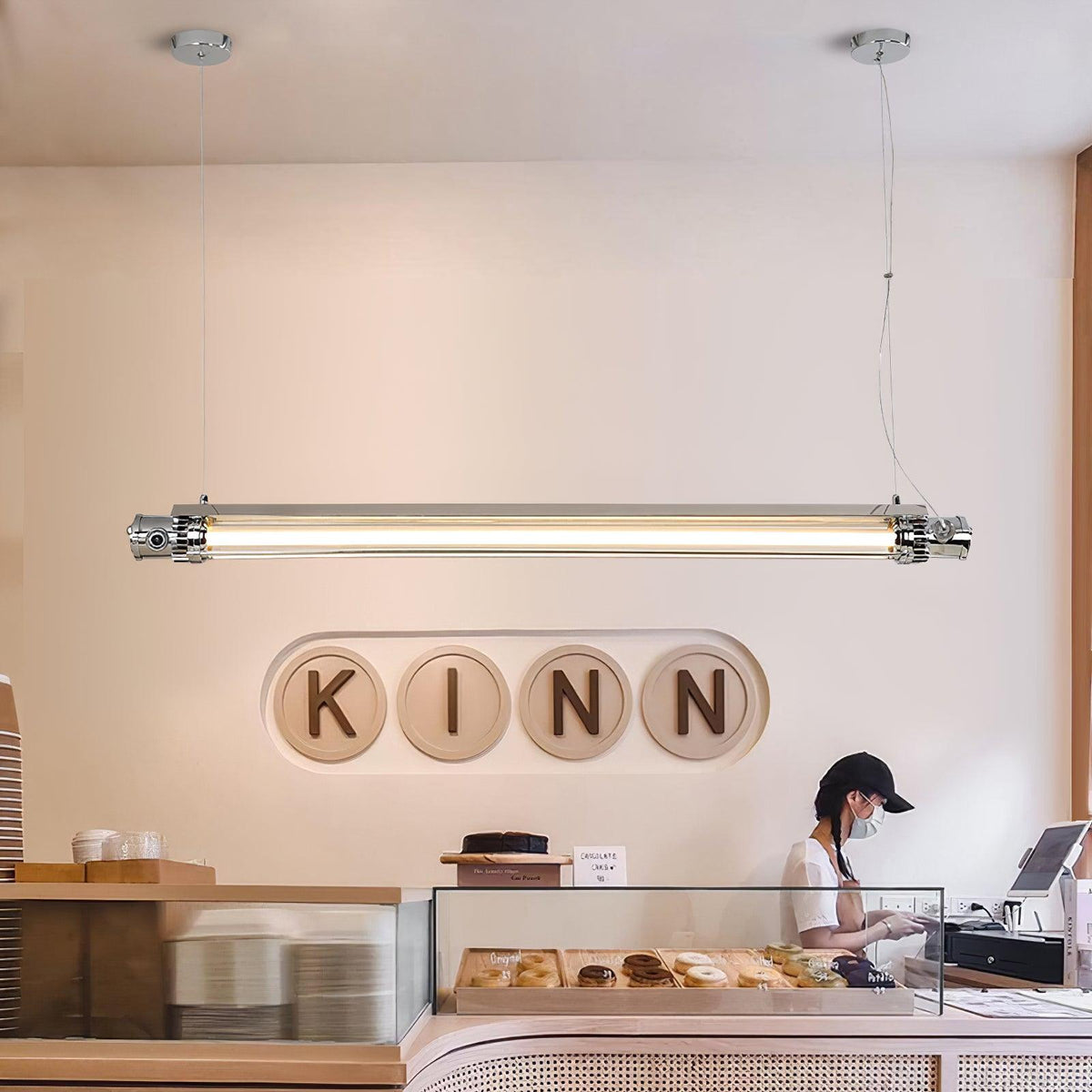 Industrial Linear Suspension Light Metal Glass | Integrated LED Ceiling Fixture | Modern Lighting for Kitchen Islands