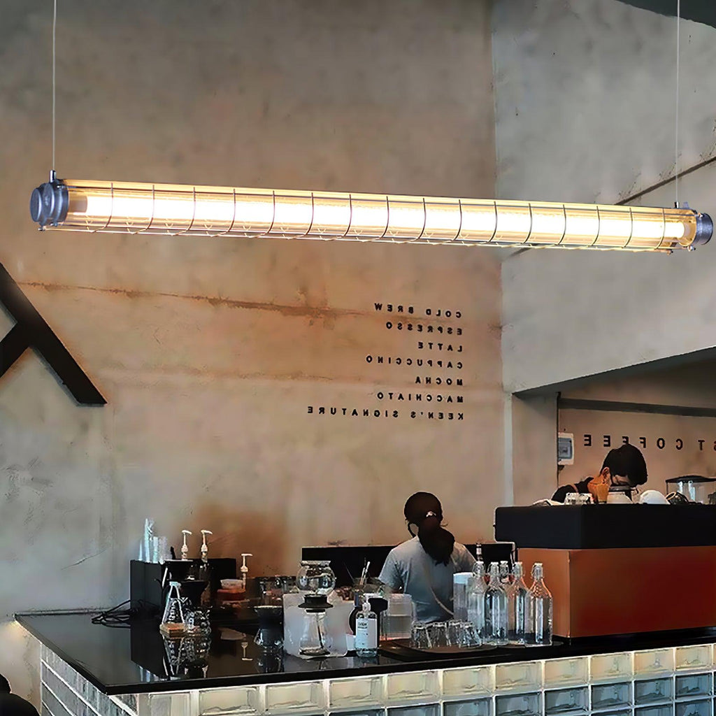 Industrial Linear Suspension Light Metal Glass | Integrated LED Ceiling Fixture | Modern Lighting for Kitchen Islands