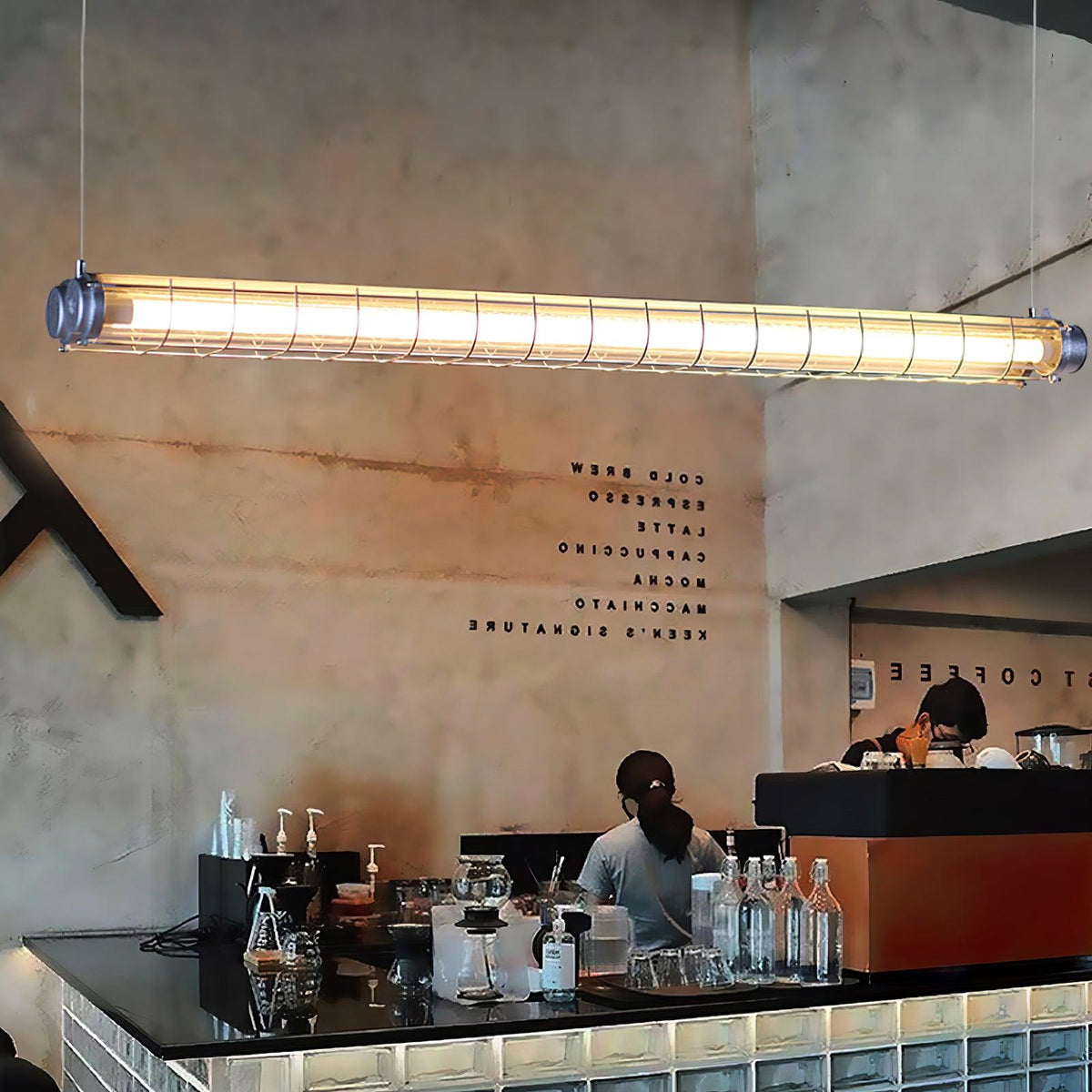 Industrial Linear Suspension Light Metal Glass | Integrated LED Ceiling Fixture | Modern Lighting for Kitchen Islands