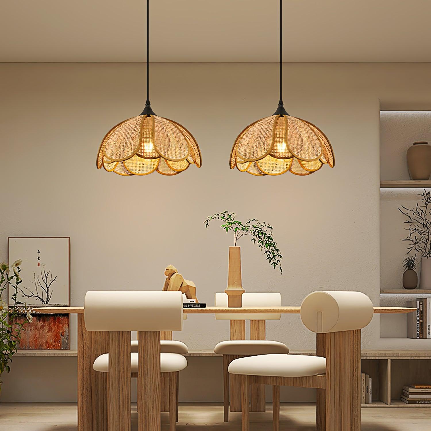 Pendant Light Rattan Fabric Floral Design | Natural Woven Texture with Diffuser | Soft Ambient Glow for Living Rooms