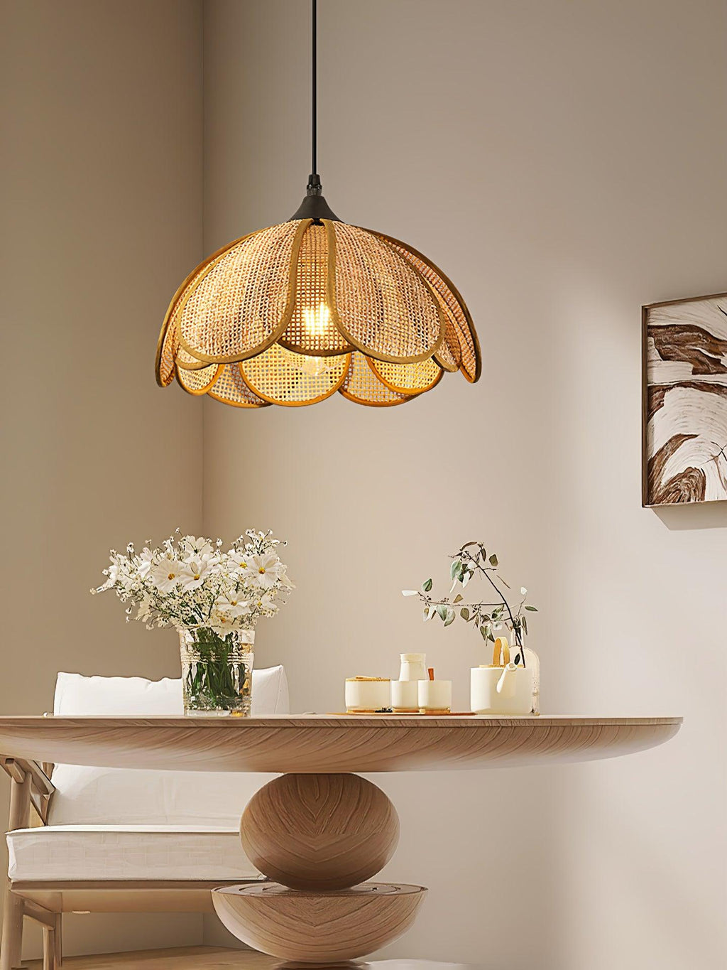 Pendant Light Rattan Fabric Floral Design | Natural Woven Texture with Diffuser | Soft Ambient Glow for Living Rooms