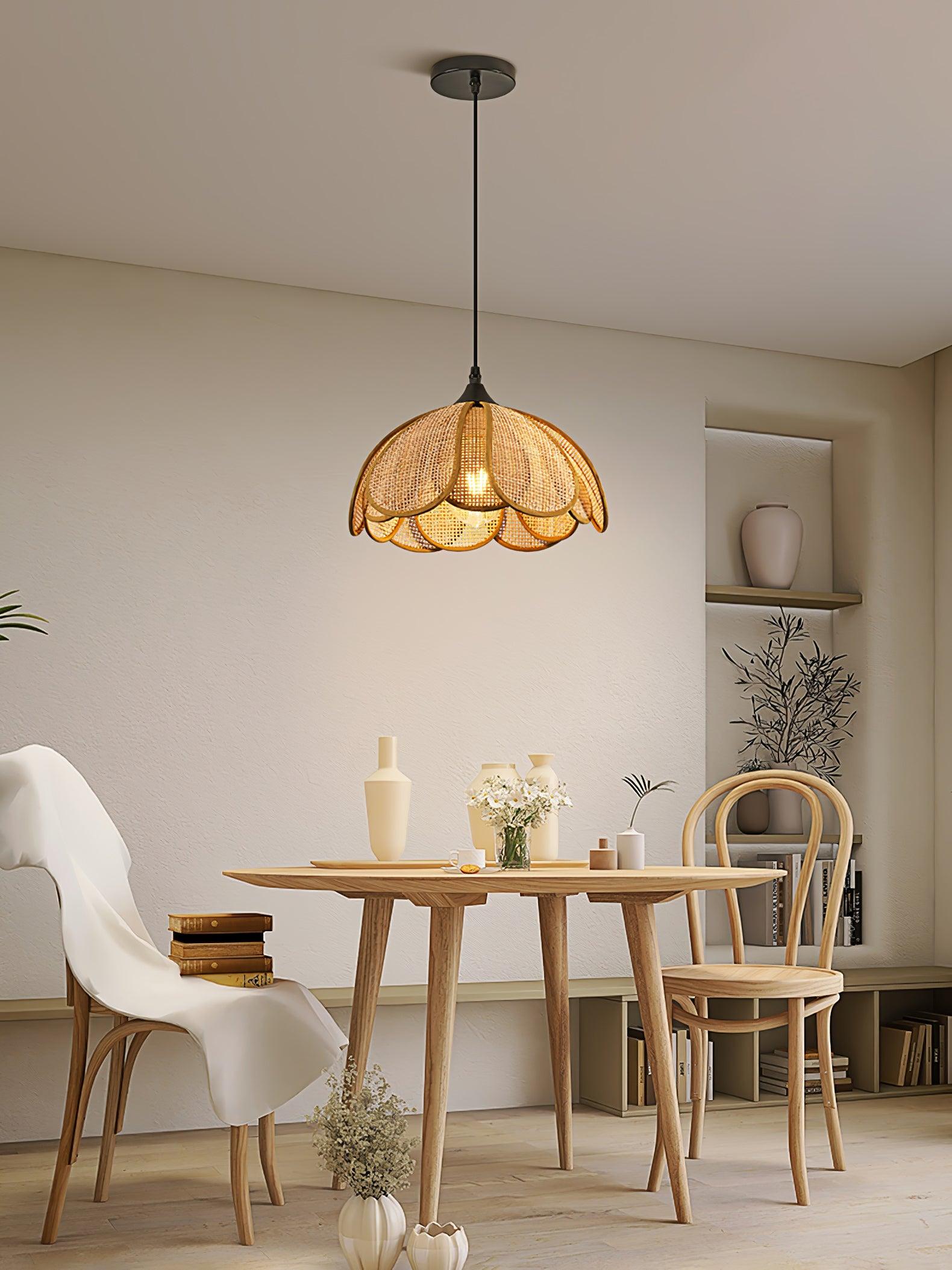 Pendant Light Rattan Fabric Floral Design | Natural Woven Texture with Diffuser | Soft Ambient Glow for Living Rooms