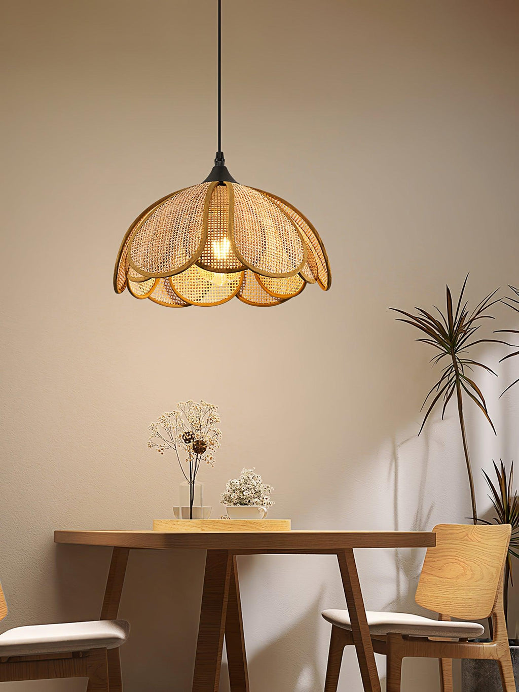 Pendant Light Rattan Fabric Floral Design | Natural Woven Texture with Diffuser | Soft Ambient Glow for Living Rooms
