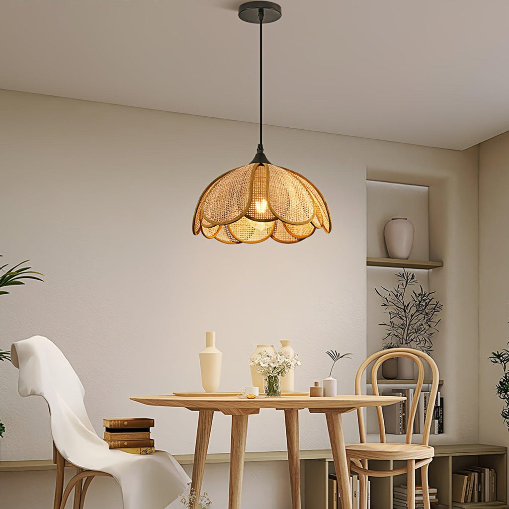 Pendant Light Rattan Fabric Floral Design | Natural Woven Texture with Diffuser | Soft Ambient Glow for Living Rooms