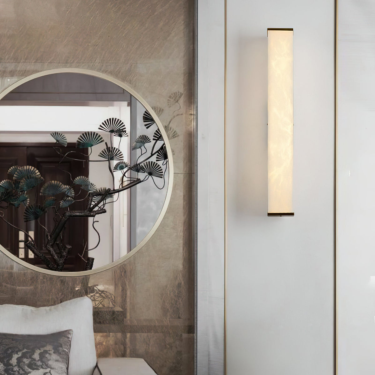 Wall Lamp Brass and Alabaster Integrated LED | Minimalist Modern Style | Natural Stone Pattern Sconce Lighting Fixture