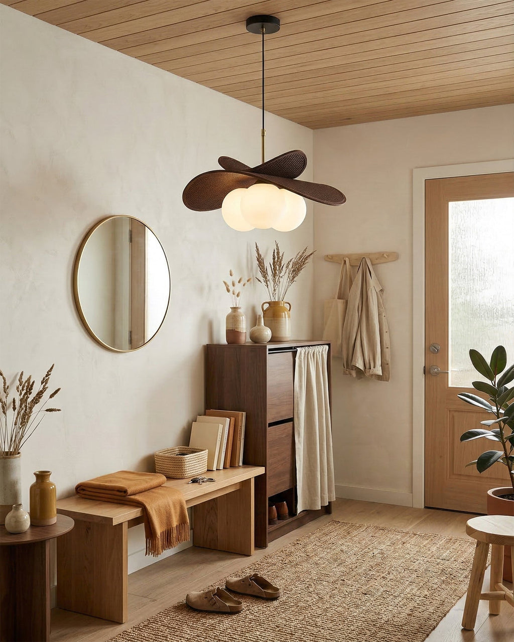 Pendant Light Metal Raffia and Glass | Adjustable 150cm Cord and Sloped Ceiling Compatible Design for Versatile Home Lighting