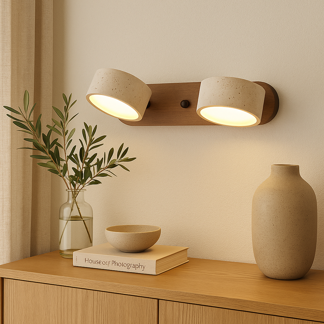 Travertine Wall Lamp – Minimalist Bathroom Vanity Design With Wood Accent