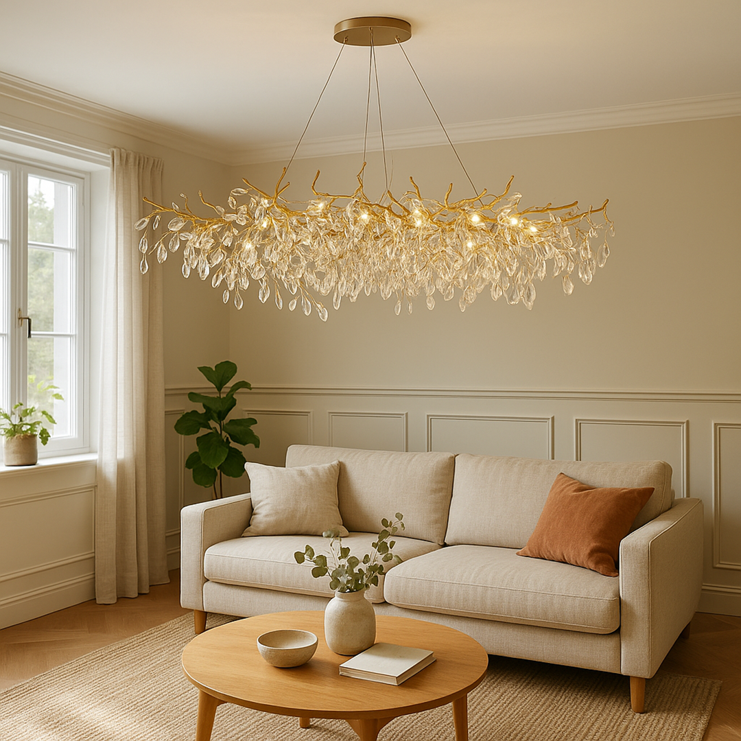 Glass Chandelier – French Style Gold Branch Design With Crystal Leaf Details