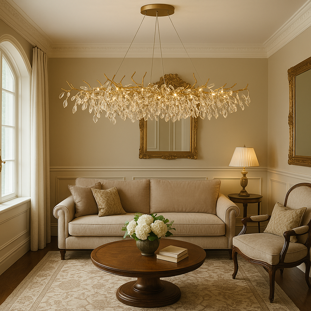 Glass Chandelier – French Style Gold Branch Design With Crystal Leaf Details